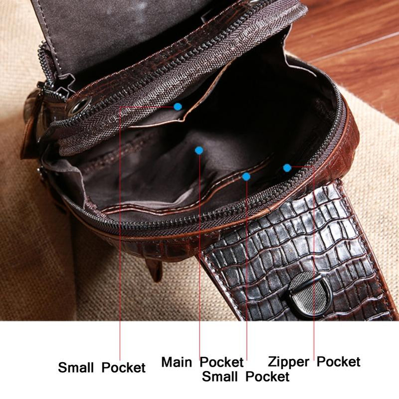 Men Cowhide Crocodile Texture Crossbody Chest Bag One Shoulder Design - Crocodile Head