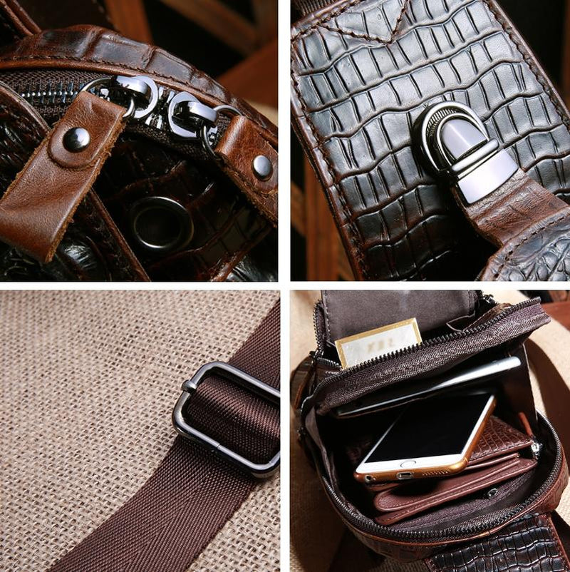 Men Cowhide Crocodile Texture Crossbody Chest Bag One Shoulder Design - Crocodile Head