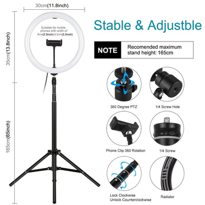 11.8 Led Ring Light with Tripod and Phone Clamp - 3 Modes Dual Colour Temperature Dimmable - Black