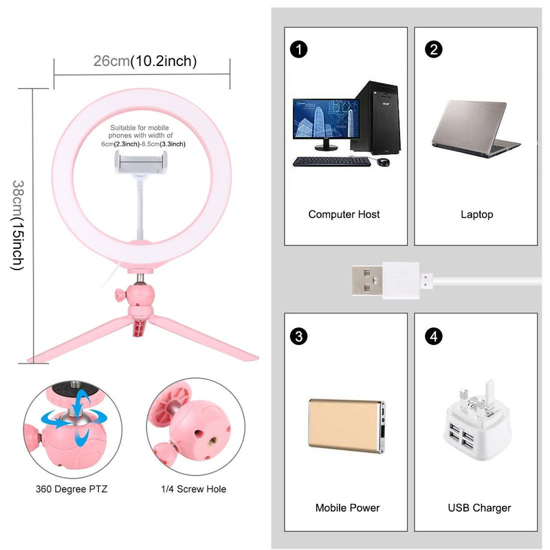 10.2 Selfie Beauty Light with Tripod Mount and Usb 3 Modes Dimmable Led Ring for Vlogging and Photography Cold Shoe Ball Head and Phone Clamp - Black