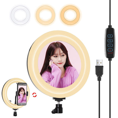 7.9 Usb 3 Modes Dimmable Dual Colour Led Ring Light with Mirror for Vlogging and Photography - Black