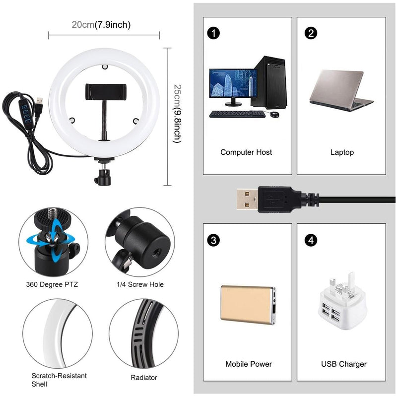 7.9 Usb 3 Modes Dimmable Dual Colour Led Ring Light with Mirror for Vlogging and Photography - Black