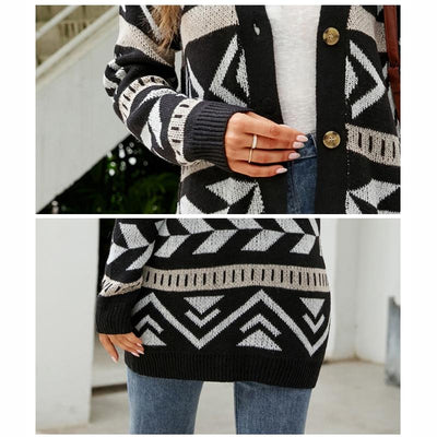 Autumn And Winter Female Diamond Loose Knitted Cardigan Jacquard Medium-Length Sweater Jacket - Beige - M