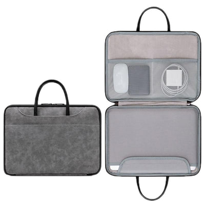 14-inch Waterproof Leather Computer Bag - Fully Open & Portable - Gray Black