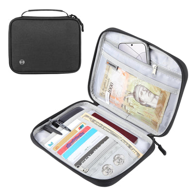 Passport Wallet With Handle Document Organizer & Card Holder - Black
