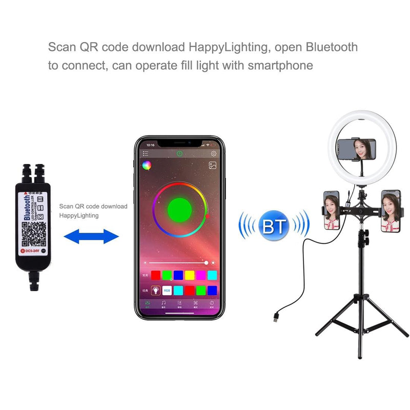 10.2 Curved Rgbw Led Ring Light Kit with Tripod Dual Phone Brackets Remote and Clamp