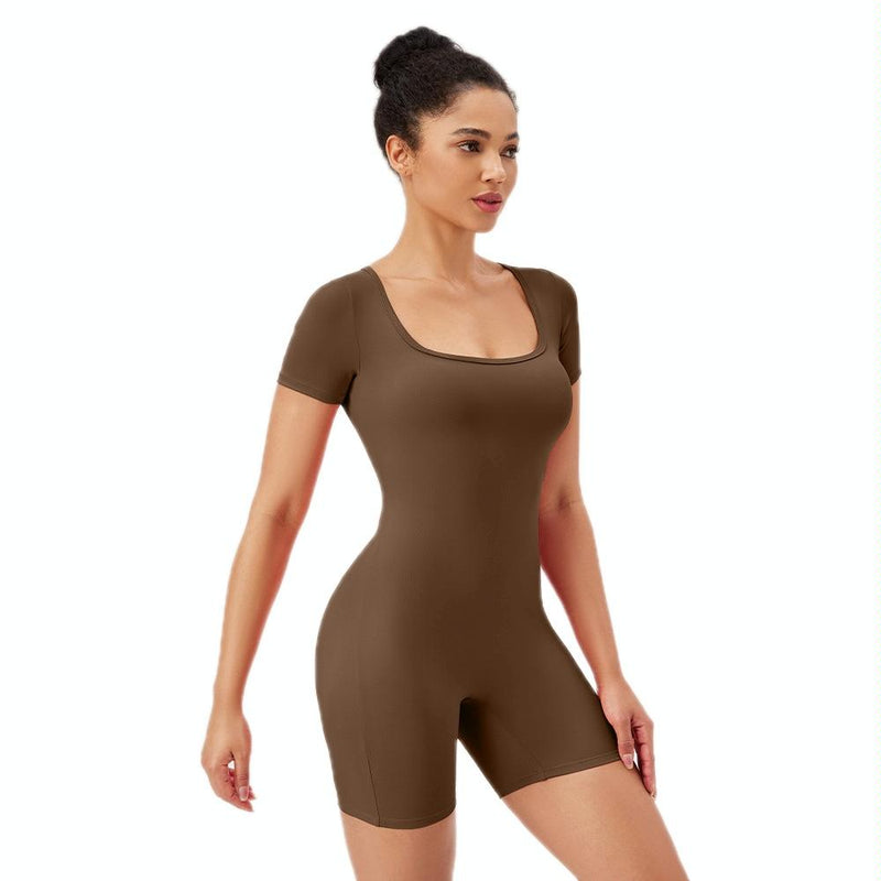 Quick Drying Women Square Neck Yoga Jumpsuit Size L - Dark Brown - L