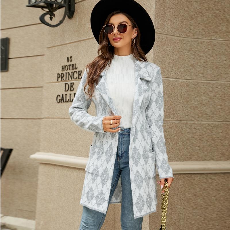 Autumn And Winter Long Sweater Collision Colour Knitted Cardigan Trench Coat - Houndstooth - Xl