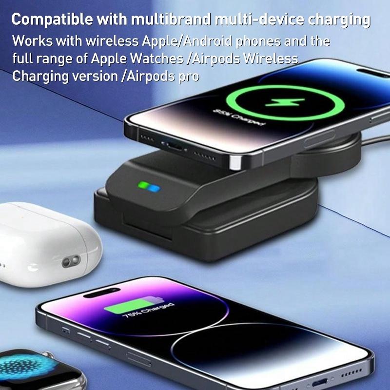 3 In 1 Foldable Magnetic Wireless Charger With Phone Holder Au Plug - Black