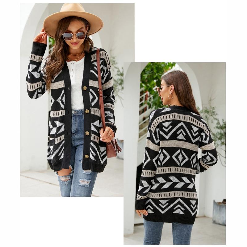Autumn And Winter Female Diamond Loose Knitted Cardigan Jacquard Medium-Length Sweater Jacket - Beige - Xl