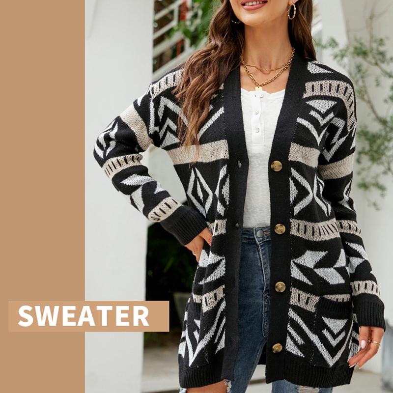 Autumn And Winter Female Diamond Loose Knitted Cardigan Jacquard Medium-Length Sweater Jacket - Beige - Xl