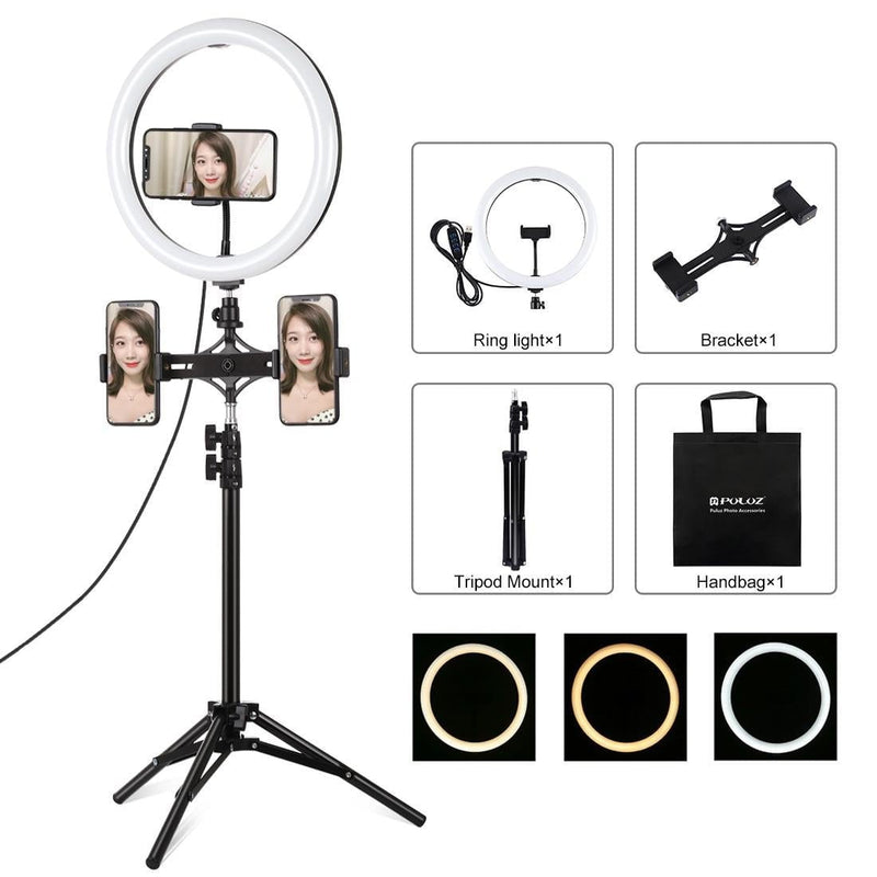 11.8 Led Ring Light with Tripod & Dual Phone Brackets - Usb 3 Modes Dual Colour Temperature - Vlogging & Live Broadcast Kit