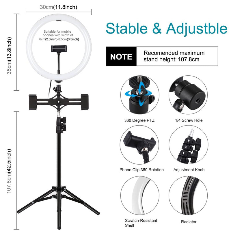11.8 Led Ring Light with Tripod & Dual Phone Brackets - Usb 3 Modes Dual Colour Temperature - Vlogging & Live Broadcast Kit
