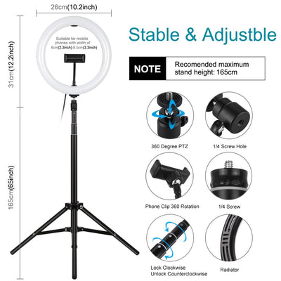 10.2 26cm Ring Light Kit with Tripod Usb 3 Modes Dual Colour Phone Clamp Remote - Black