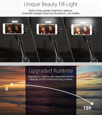 3-Axis Gimbal Stabilizer With Tripod Mount & Fill Light For Smartphones - Black