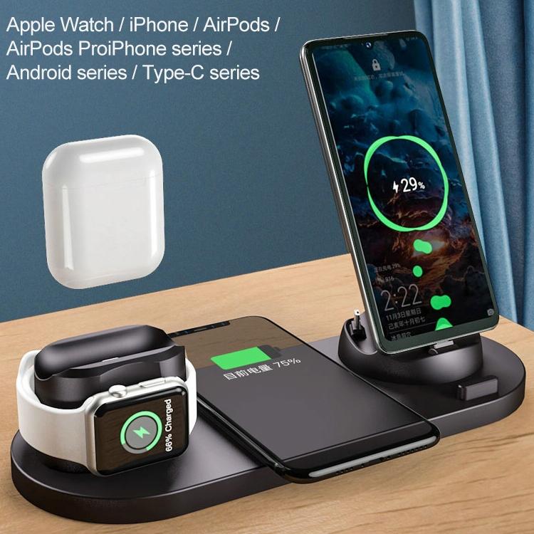 6 In 1 10W Wireless Charger Stand Qi Standard - Black