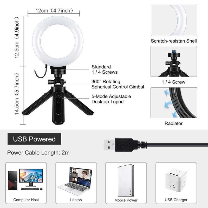 Usb 3 Modes Dimmable Led Ring Light & Pocket Tripod Kit with Cold Shoe Ball Head - 4.7 Inch Diameter
