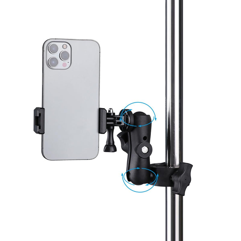 Adjustable Action Camera Clamp with 360 Rotation and Phone Holder