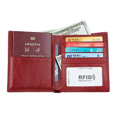 Leather Rfid Passport Wallet - Multi-function - Yellowish-Brown