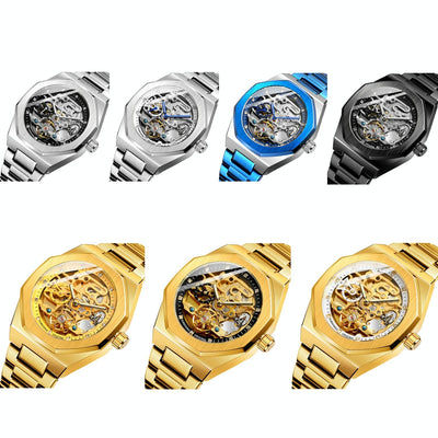 Men Automatic Mechanical Watch with Luminous Dial and Steel Band - Gold Belt Gold Face