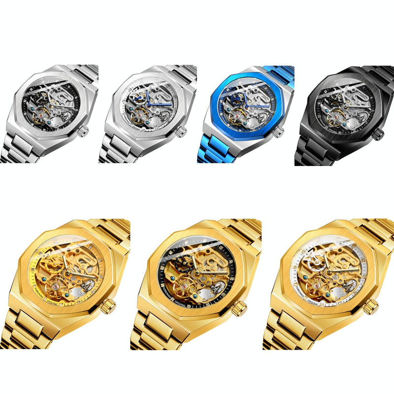 Men Automatic Mechanical Watch with Luminous Dial and Steel Band - Gold Belt Gold Face