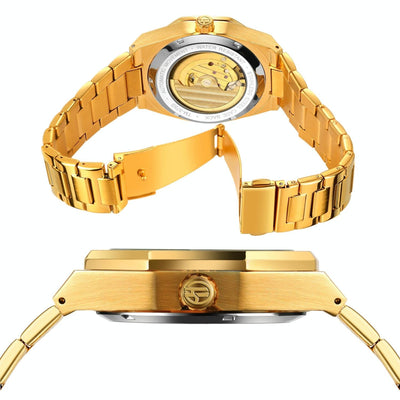 Men Automatic Mechanical Watch with Luminous Dial and Steel Band - Gold Belt Gold Face