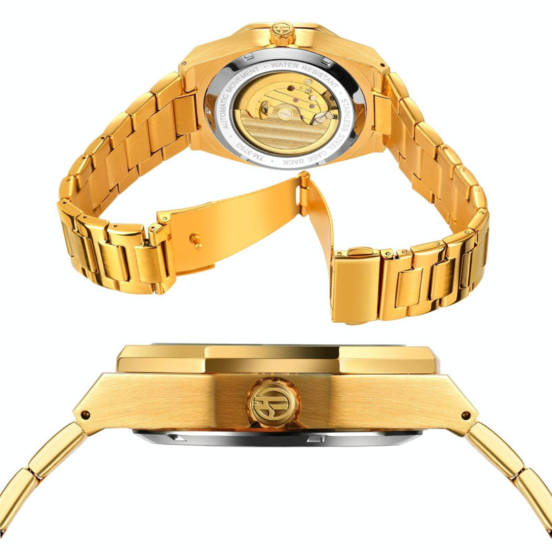 Men Automatic Mechanical Watch with Luminous Dial and Steel Band - Gold Belt Gold Face