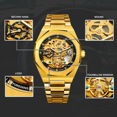 Men Automatic Mechanical Watch with Luminous Dial and Steel Band - Gold Belt Gold Face