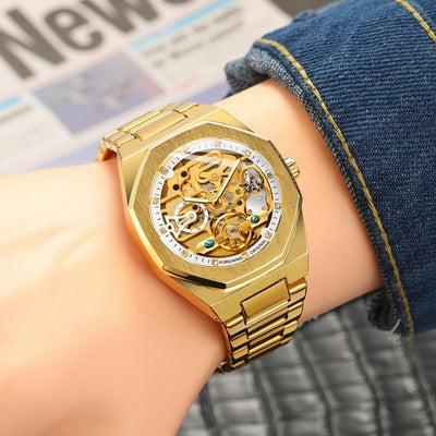 Men Automatic Mechanical Watch with Luminous Dial and Steel Band - Gold Belt Gold Face