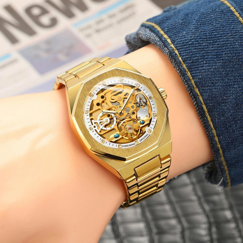 Men Automatic Mechanical Watch with Luminous Dial and Steel Band - Gold Belt Gold Face