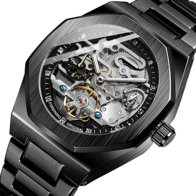 Men Automatic Mechanical Watch with Luminous Dial and Steel Band - Gold Belt Gold Face