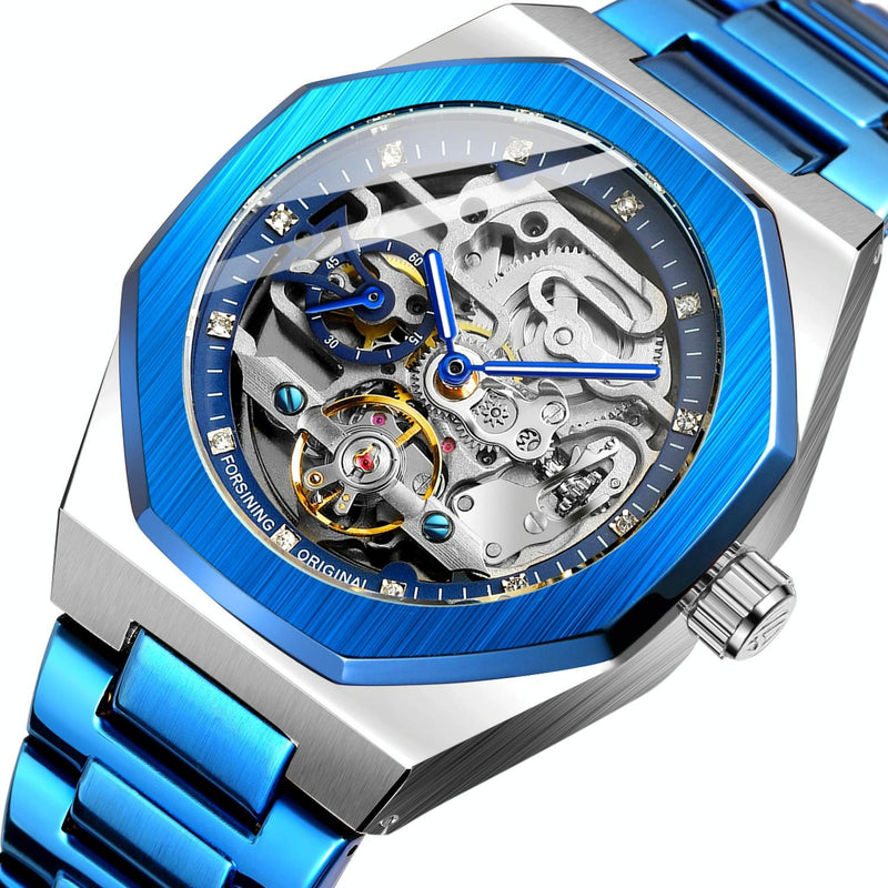 Men Automatic Mechanical Watch with Luminous Dial and Steel Band - Gold Belt Gold Face