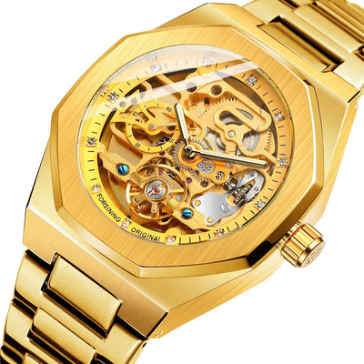 Men Automatic Mechanical Watch with Luminous Dial and Steel Band - Gold Belt Gold Face