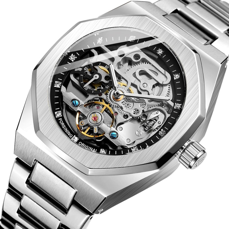Men Automatic Mechanical Watch with Luminous Dial and Steel Band - Gold Belt Gold Face