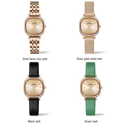 Women Oval Dial Quartz Watch with Simple Bar Scale - Belt Green