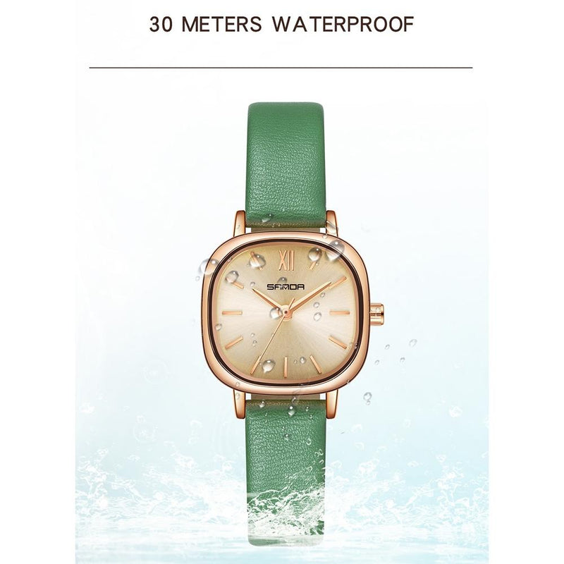Women Oval Dial Quartz Watch with Simple Bar Scale - Belt Green