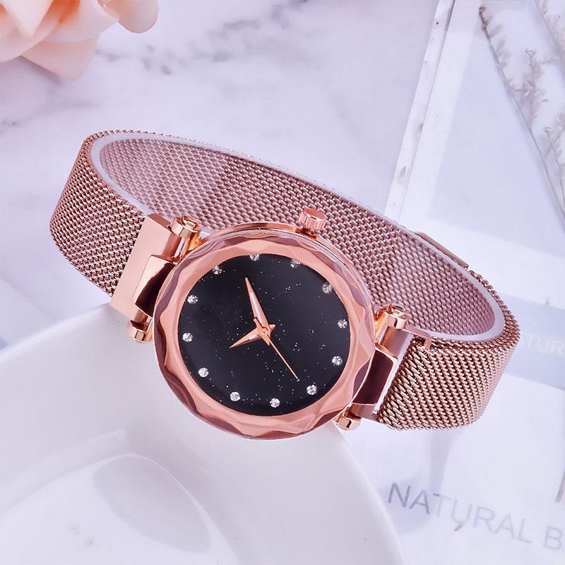 Starry Diamond Geometric Quartz Watch with Magnet Buckle - Luxury Mesh for Women - Black