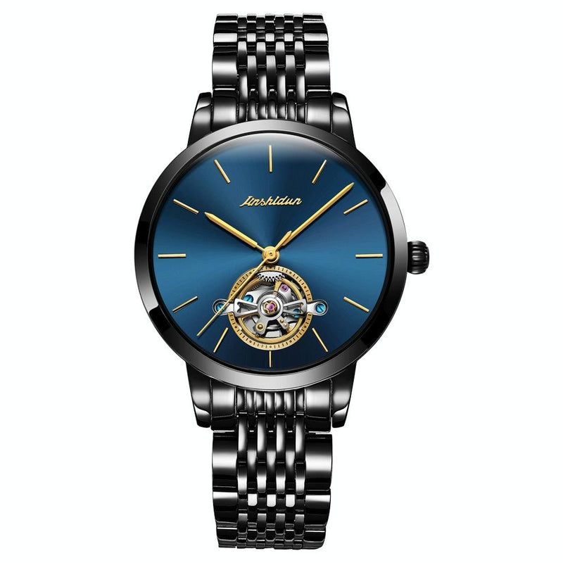 Waterproof Automatic Mechanical Watch for Women with Simple Hollow Design - Black Steel Strip Blue