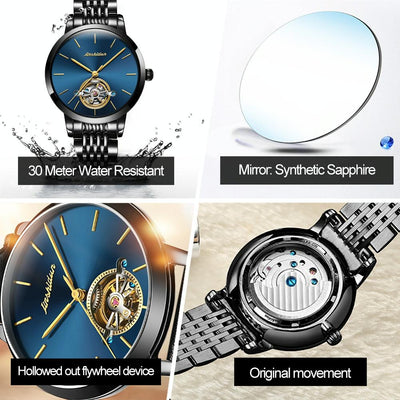 Waterproof Automatic Mechanical Watch for Women with Simple Hollow Design - Black Steel Strip Blue