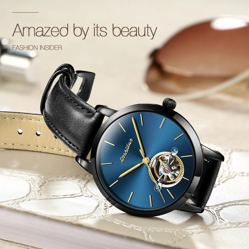 Waterproof Automatic Mechanical Watch for Women with Simple Hollow Design - Black Steel Strip Blue