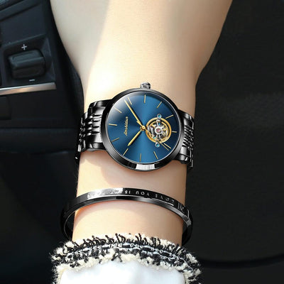 Waterproof Automatic Mechanical Watch for Women with Simple Hollow Design - Black Steel Strip Blue