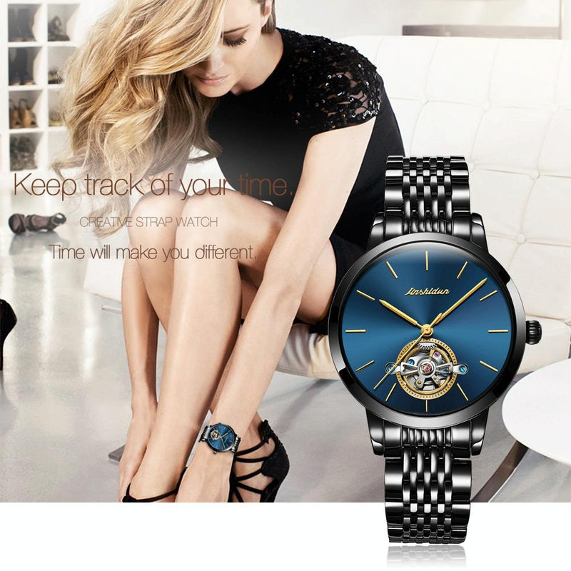 Waterproof Automatic Mechanical Watch for Women with Simple Hollow Design - Black Steel Strip Blue