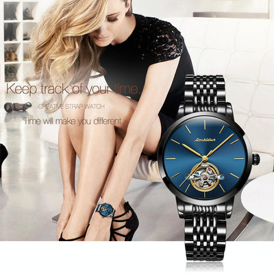 Waterproof Automatic Mechanical Watch for Women with Simple Hollow Design - Black Steel Strip Blue