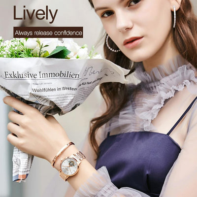 Waterproof Automatic Mechanical Watch for Women with Simple Hollow Design - Black Steel Strip Blue