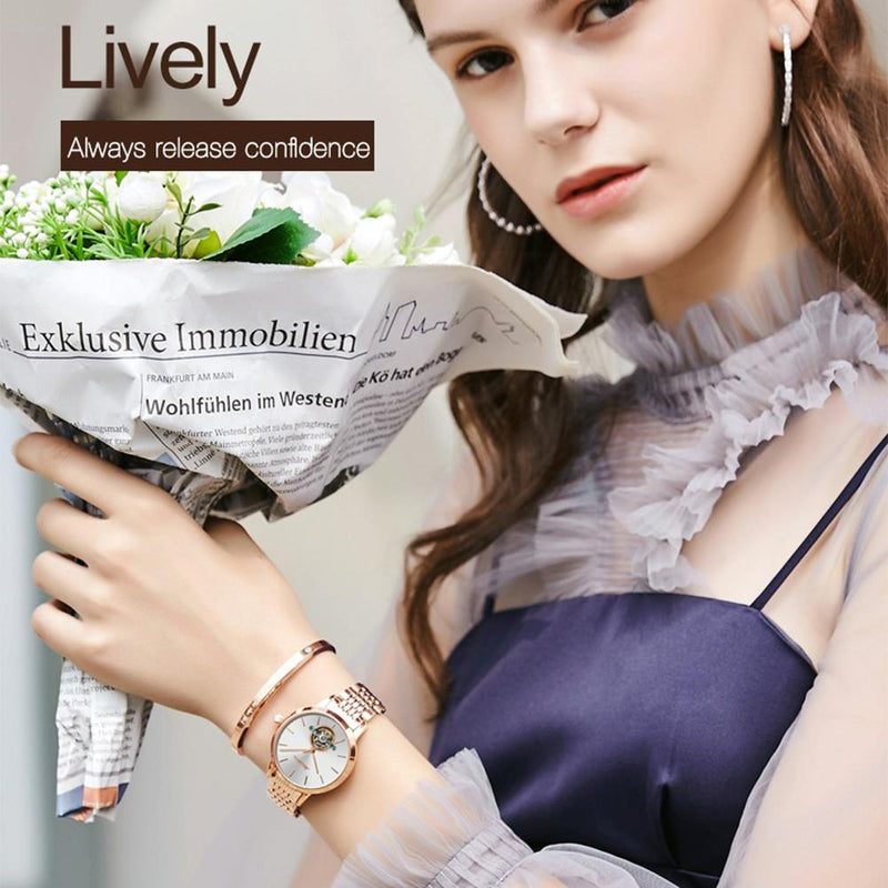 Waterproof Automatic Mechanical Watch for Women with Simple Hollow Design - Black Steel Strip Blue