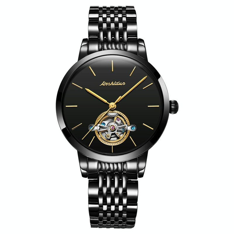 Waterproof Automatic Mechanical Watch for Women with Simple Hollow Design - Black Steel Strip Blue
