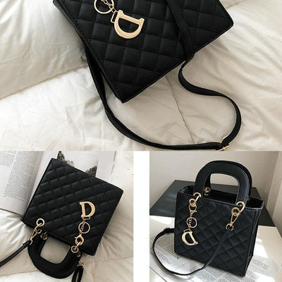 Leather Crossbody Bag with Rhombus Pattern for Women - Brown