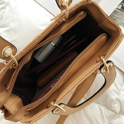 Leather Crossbody Bag with Rhombus Pattern for Women - Brown