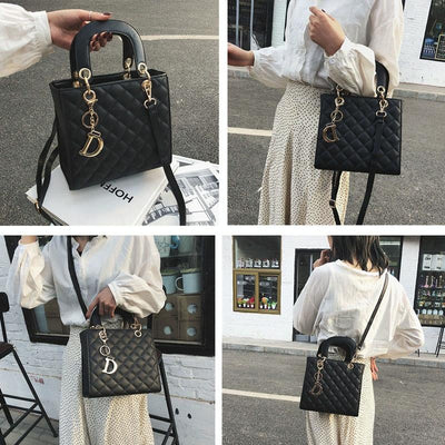 Leather Crossbody Bag with Rhombus Pattern for Women - Brown