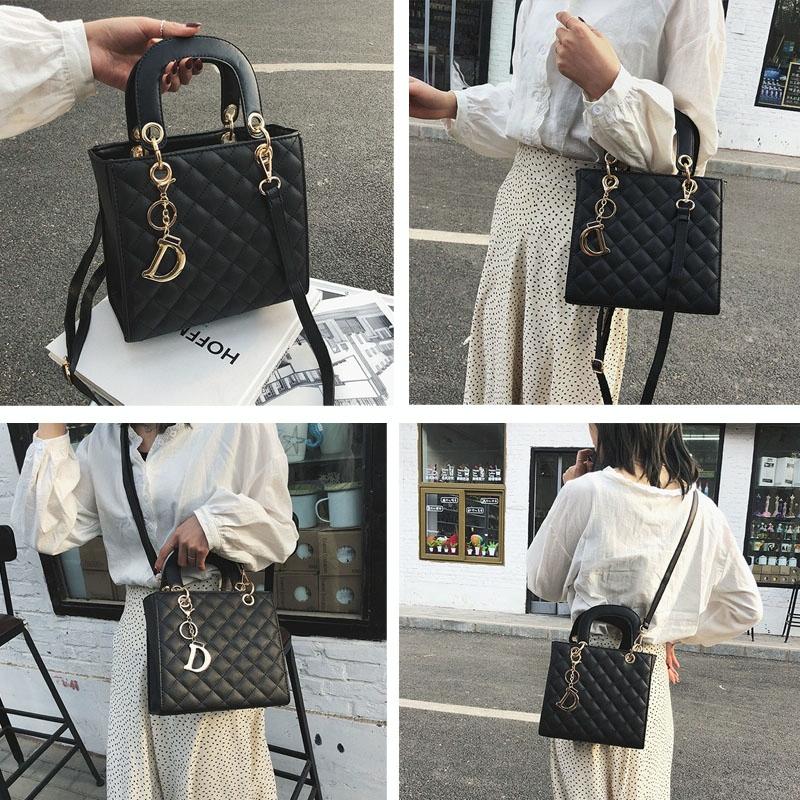 Leather Crossbody Bag with Rhombus Pattern for Women - Brown